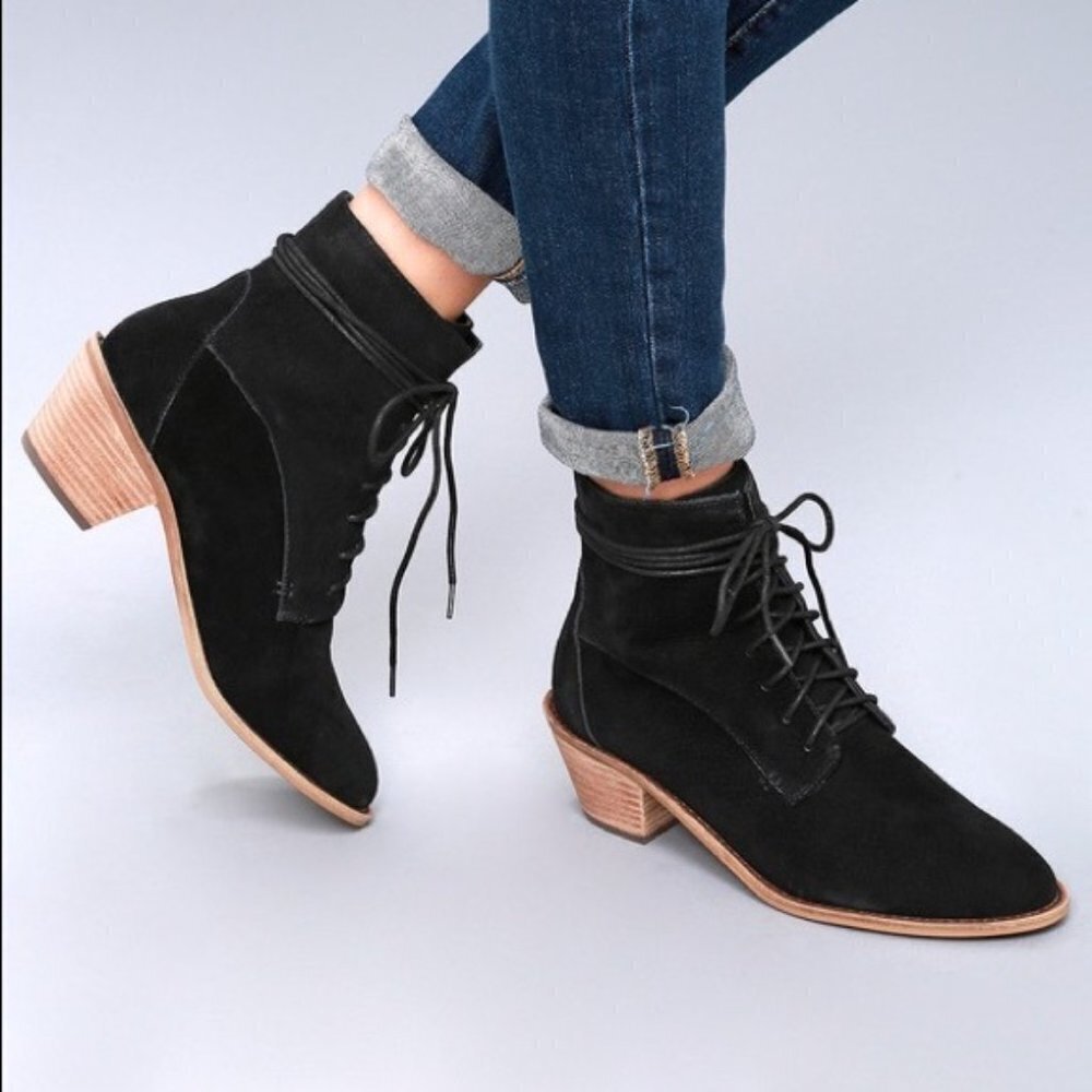 Kelsi Dagger Black Suede Lace-Up Ankle Boots with Wood Heel